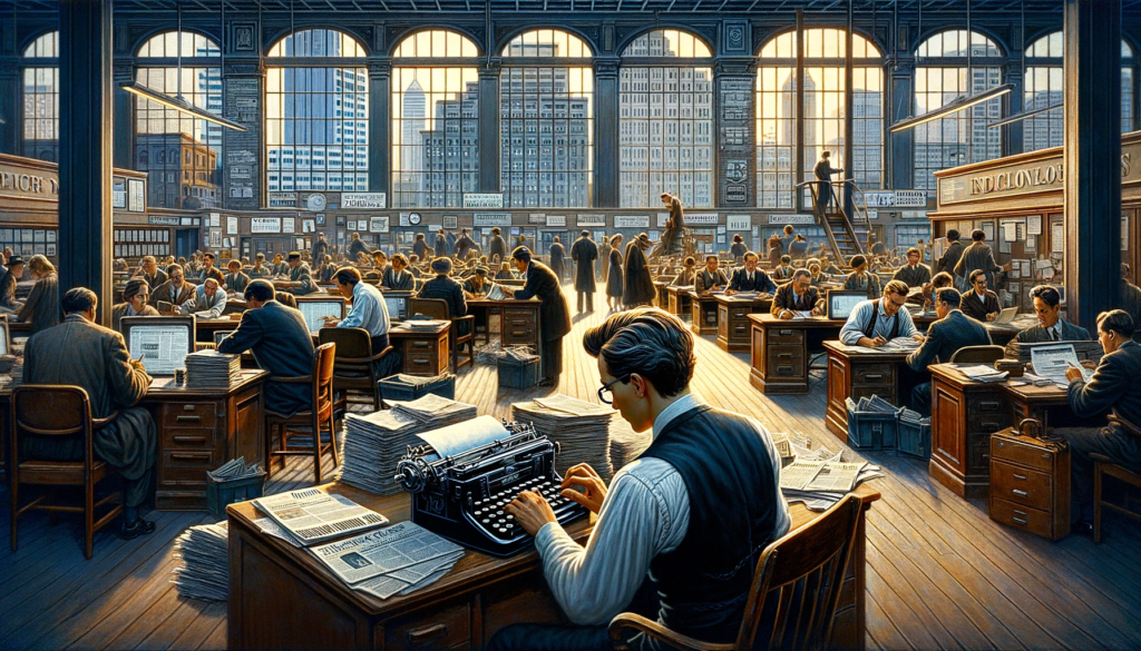 A bustling newsroom of the 'Indianapolis Daily News' with a journalist typing on an old-fashioned typewriter, surrounded by busy colleagues and a view of the Indianapolis skyline through large windows.