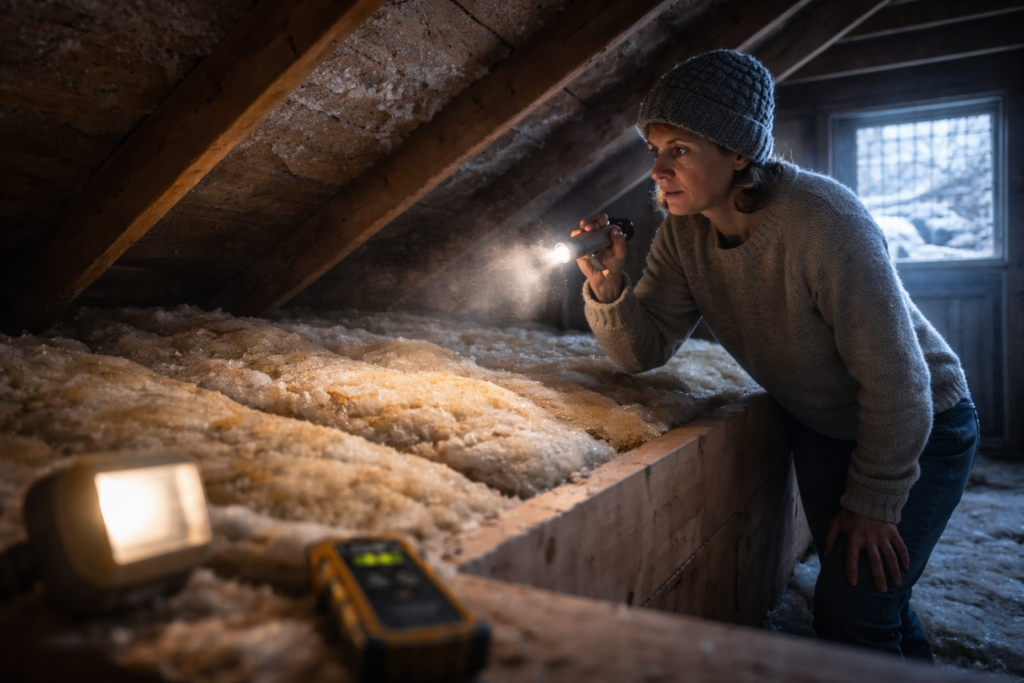 Homeowner inspecting damp attic insulation during winter.