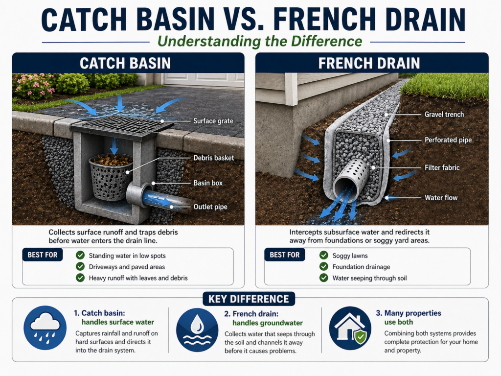 Catch basin vs. French drain comparison