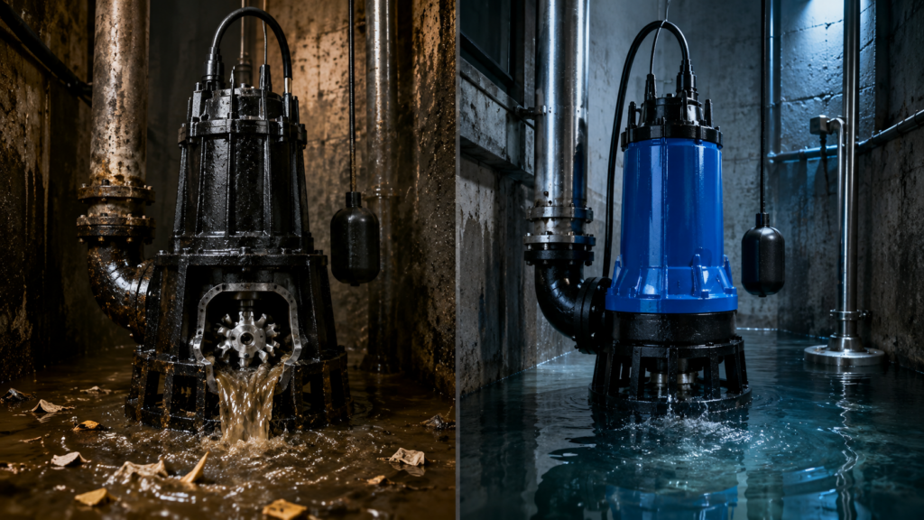 Industrial pumps contrasting conditions in focus
